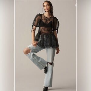 Anthropologie Sheer Lace Peplum Blouse